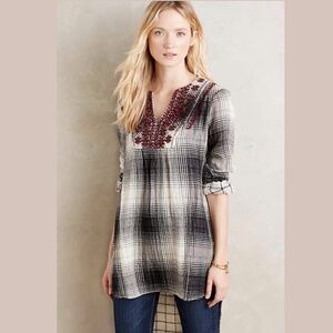ANTHROPOLOGIE FLOREAT 100% Cotton Black & Ivory Plaid Tunic Top Embroidered M